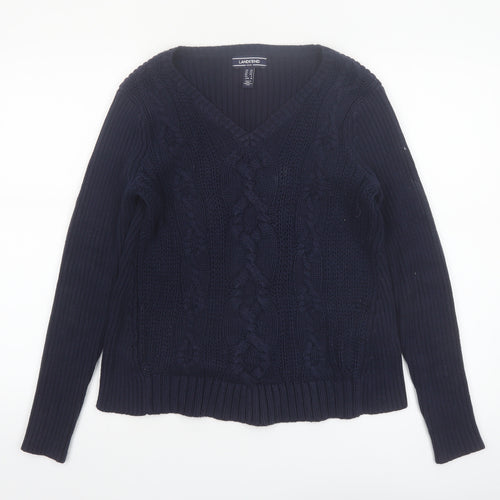 Lands' End Women's Blue Cable-Knit Cotton V-Neck Jumper XS