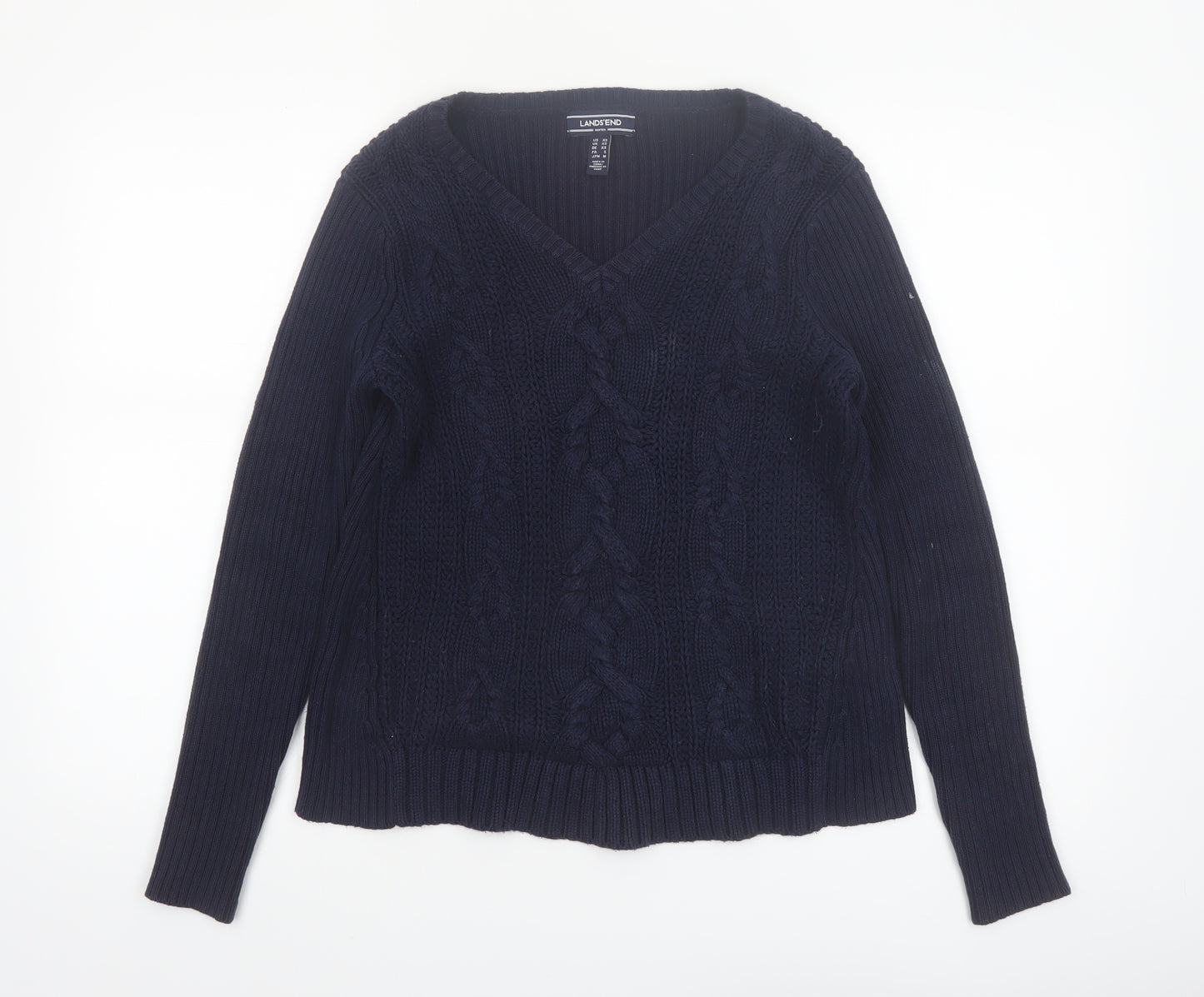 Lands' End Women's Blue Cable-Knit Cotton V-Neck Jumper XS