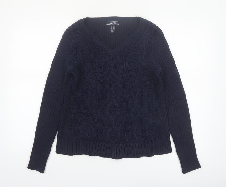 Lands' End Women's Blue Cable-Knit Cotton V-Neck Jumper XS