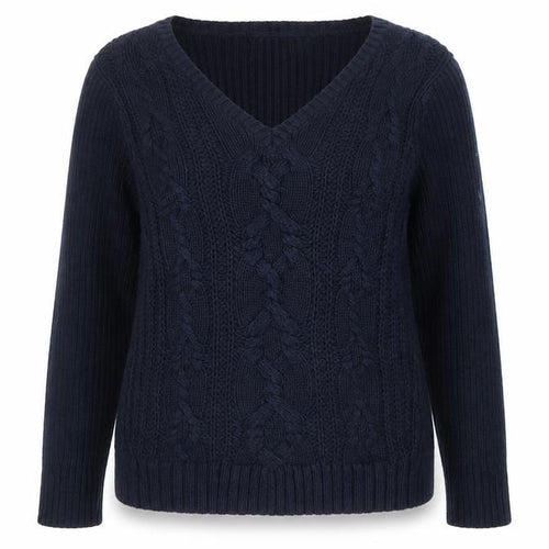 Lands' End Women's Blue Cable-Knit Cotton V-Neck Jumper XS
