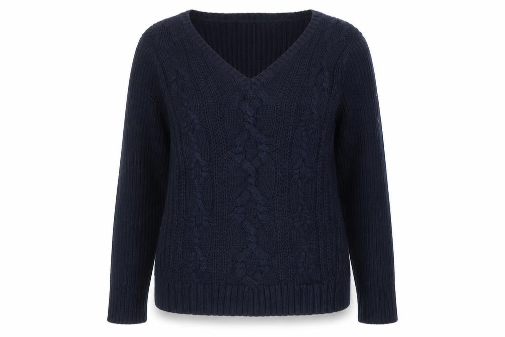 Lands' End Women's Blue Cable-Knit Cotton V-Neck Jumper XS