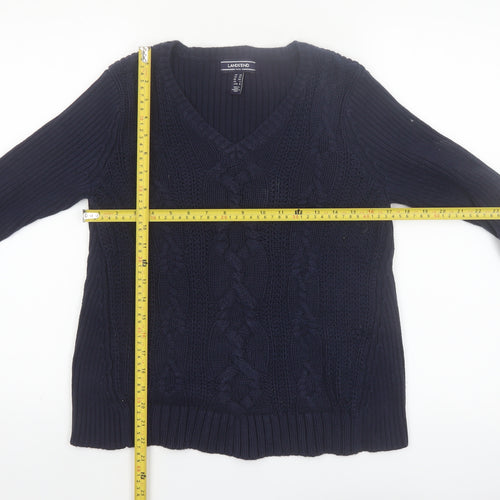 Lands' End Women's Blue Cable-Knit Cotton V-Neck Jumper XS