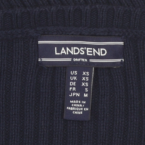 Lands' End Women's Blue Cable-Knit Cotton V-Neck Jumper XS