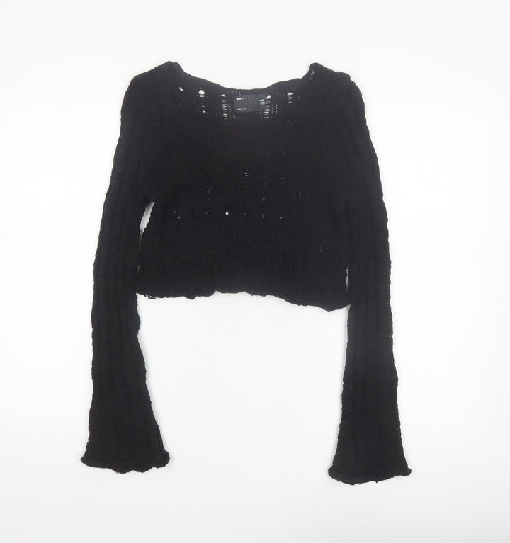 ASOS Design Women Black Size 8 Open-Knit Long Sleeve Cropped Jumper