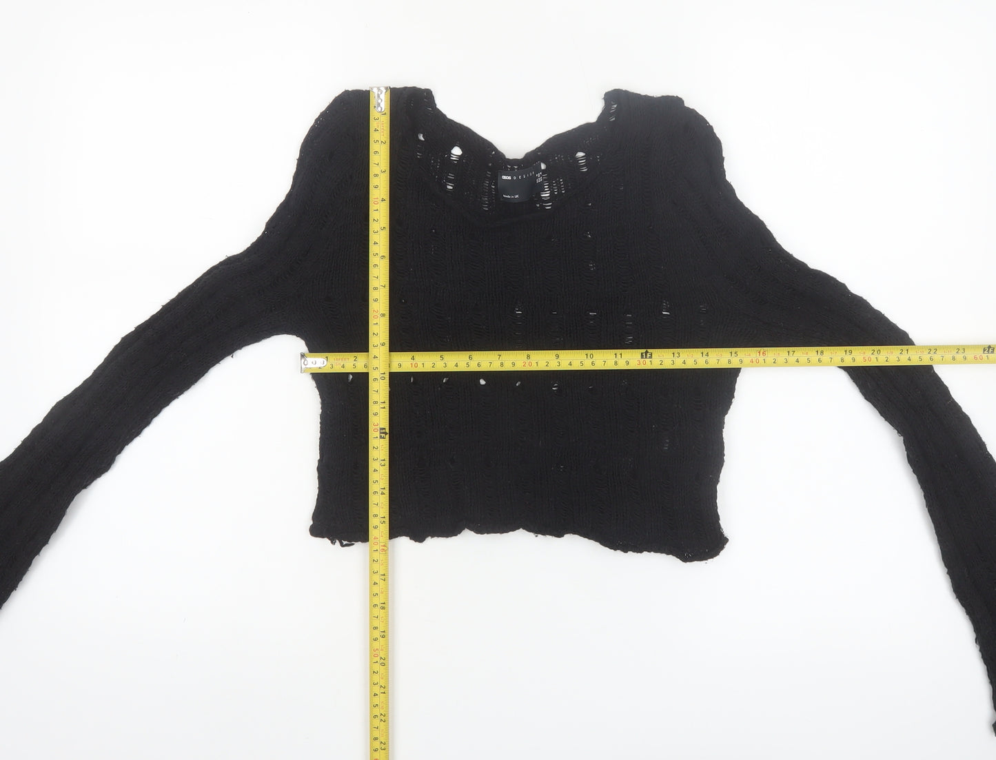 ASOS Design Women Black Size 8 Open-Knit Long Sleeve Cropped Jumper