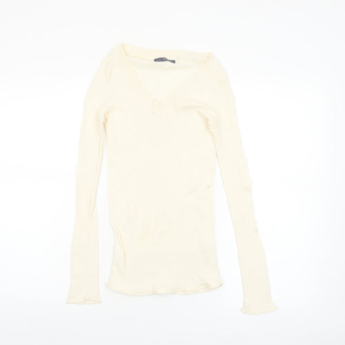GAP Women's Ivory V-Neck Slim Fit Long Sleeve Cotton Jumper Size S