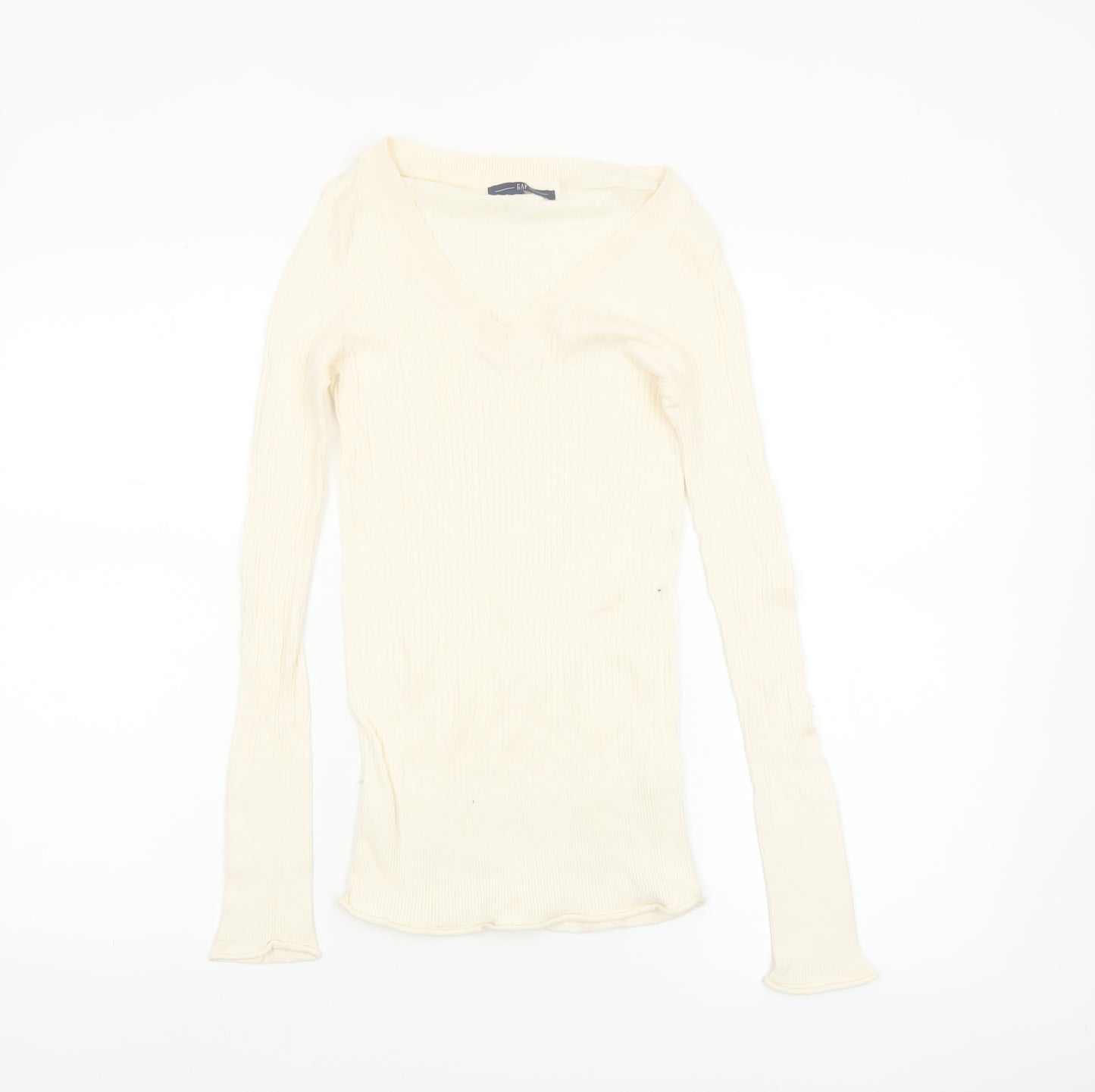 GAP Women's Ivory V-Neck Slim Fit Long Sleeve Cotton Jumper Size S