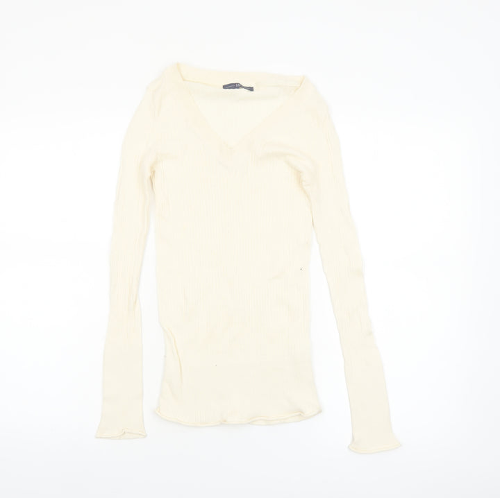 GAP Women's Ivory V-Neck Slim Fit Long Sleeve Cotton Jumper Size S