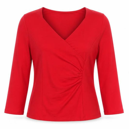 Precis Women Red Wrap V-Neck 3/4 Sleeve Jersey Blouse M