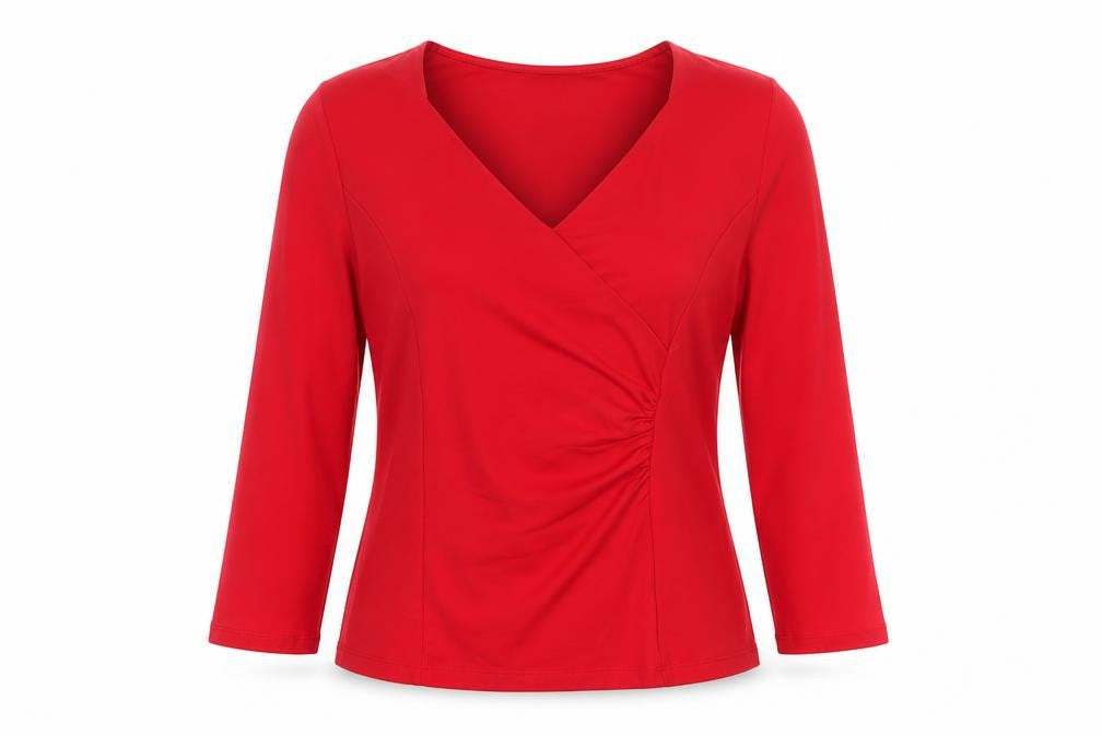 Precis Women Red Wrap V-Neck 3/4 Sleeve Jersey Blouse M