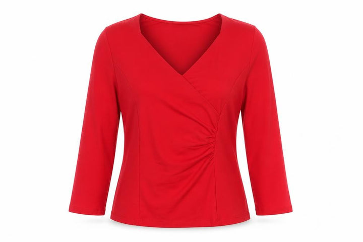 Precis Women Red Wrap V-Neck 3/4 Sleeve Jersey Blouse M