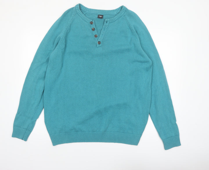 Cotton Traders Men's Green Henley Jumper Size L 100% Cotton