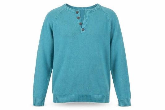 Front view of Cotton Traders Men's Green Henley Jumper, size L, 100% Cotton