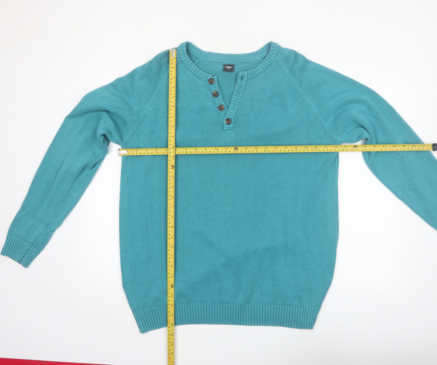 Cotton Traders Men's Green Henley Jumper Size L 100% Cotton