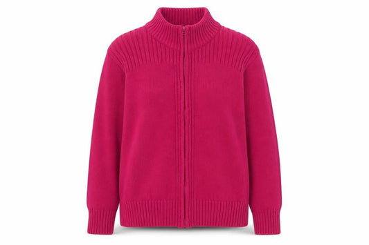 Front view of Isle women’s pink full zip cotton knit jumper, size UK 22 plus