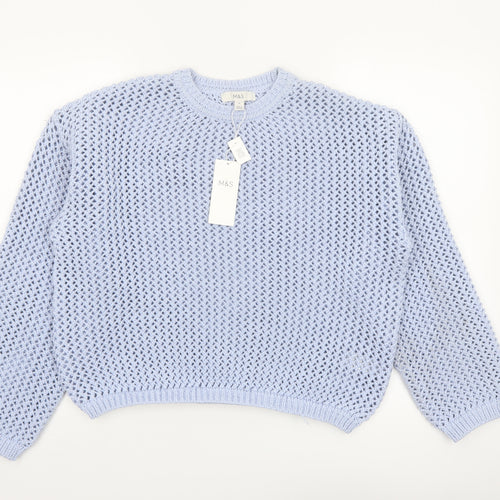 Marks and Spencer Women Blue Open-Knit Crew Neck Jumper M