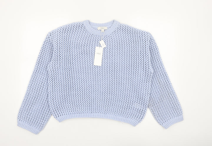 Marks and Spencer Women Blue Open-Knit Crew Neck Jumper M