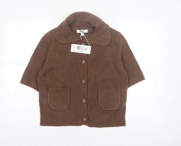 Marks and Spencer Women Brown Collared Short Sleeve Cardigan XS