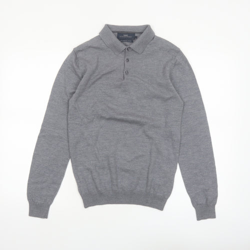 Next Men Grey Merino Wool Collared Henley Jumper Size S