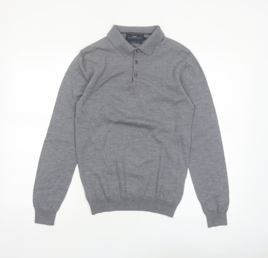Next Men Grey Merino Wool Collared Henley Jumper Size S