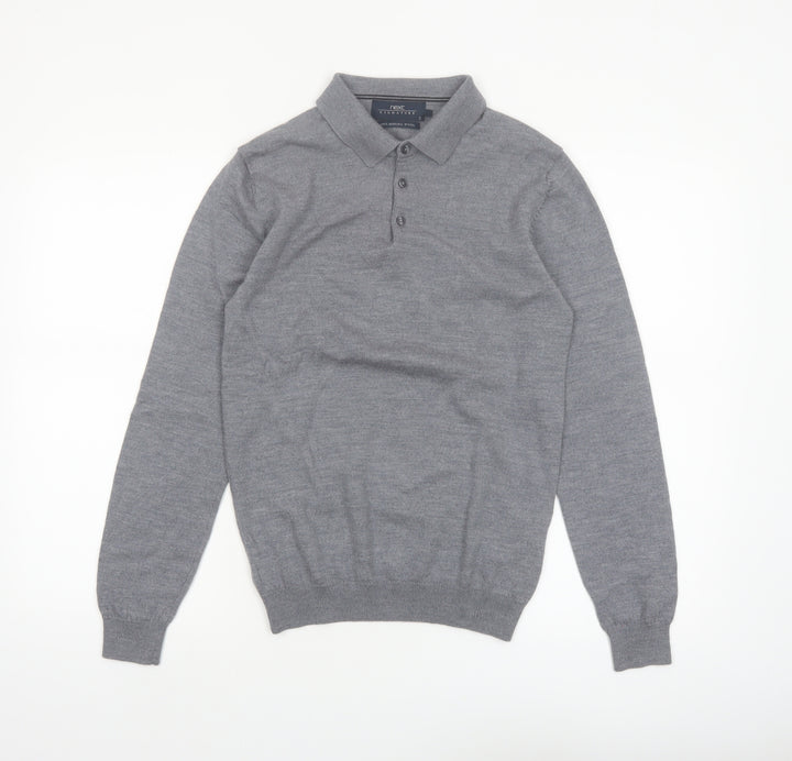 Next Men Grey Merino Wool Collared Henley Jumper Size S