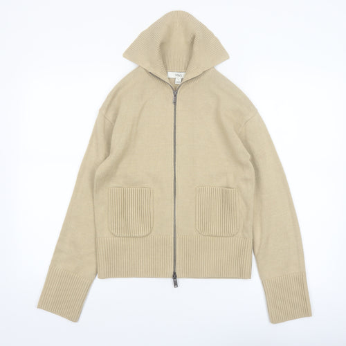 Marks and Spencer Womens Beige XS Full Zip High Neck Cotton Blend Jumper