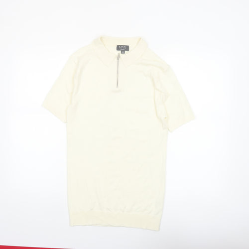 boohooMAN Ivory Zip Neck Short Sleeve Polo Shirt Men M