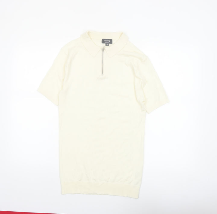 boohooMAN Ivory Zip Neck Short Sleeve Polo Shirt Men M