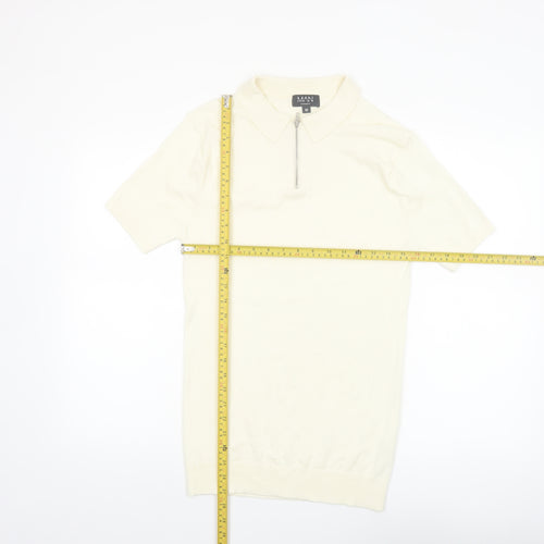 boohooMAN Ivory Zip Neck Short Sleeve Polo Shirt Men M