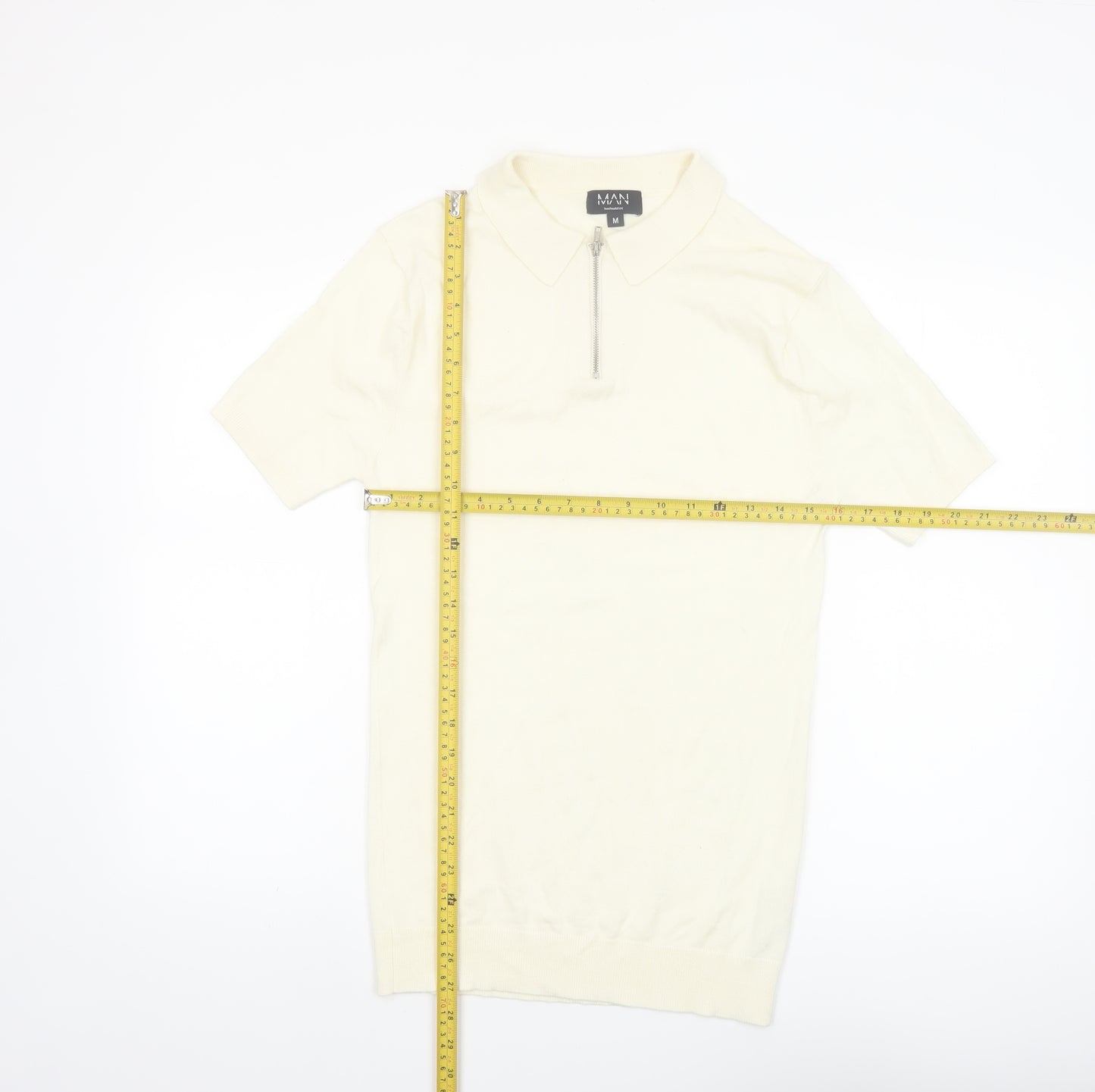 boohooMAN Ivory Zip Neck Short Sleeve Polo Shirt Men M
