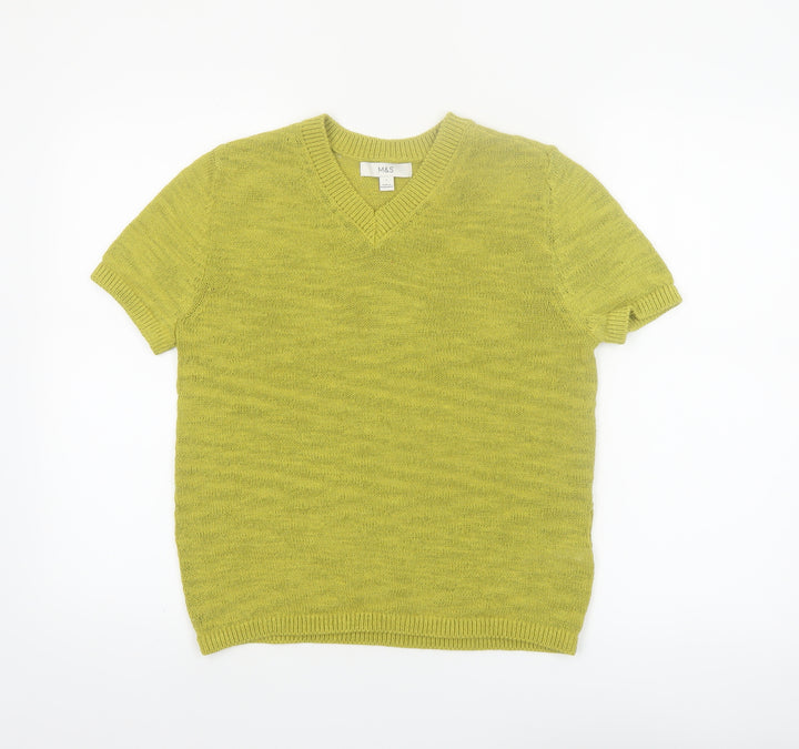Marks and Spencer Women's Green V-Neck Cotton Blend Short Sleeve Knit T-Shirt Small