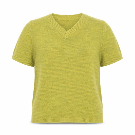 Front view of Marks & Spencer Women's Green V-Neck Cotton Blend Short Sleeve Knit T-Shirt Small