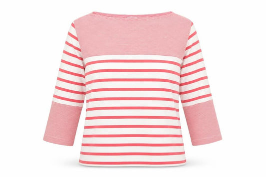 Front view of Cotton Traders women’s pink striped 3/4 sleeve cotton t-shirt, size UK 14