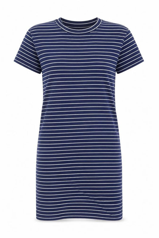 Front view of Woolovers Women Blue Stripe T-Shirt Dress, size S, Casual Cotton