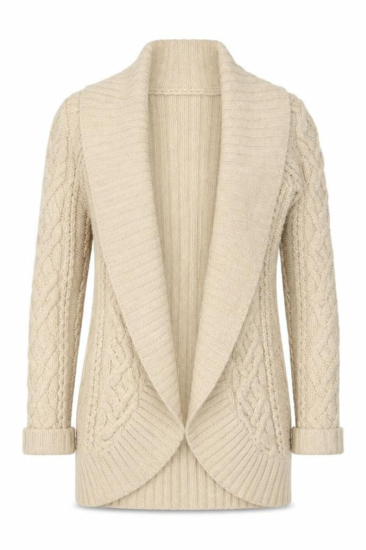Front view of Monsoon Women’s Beige Lambswool Chunky Knit Cardigan, size S