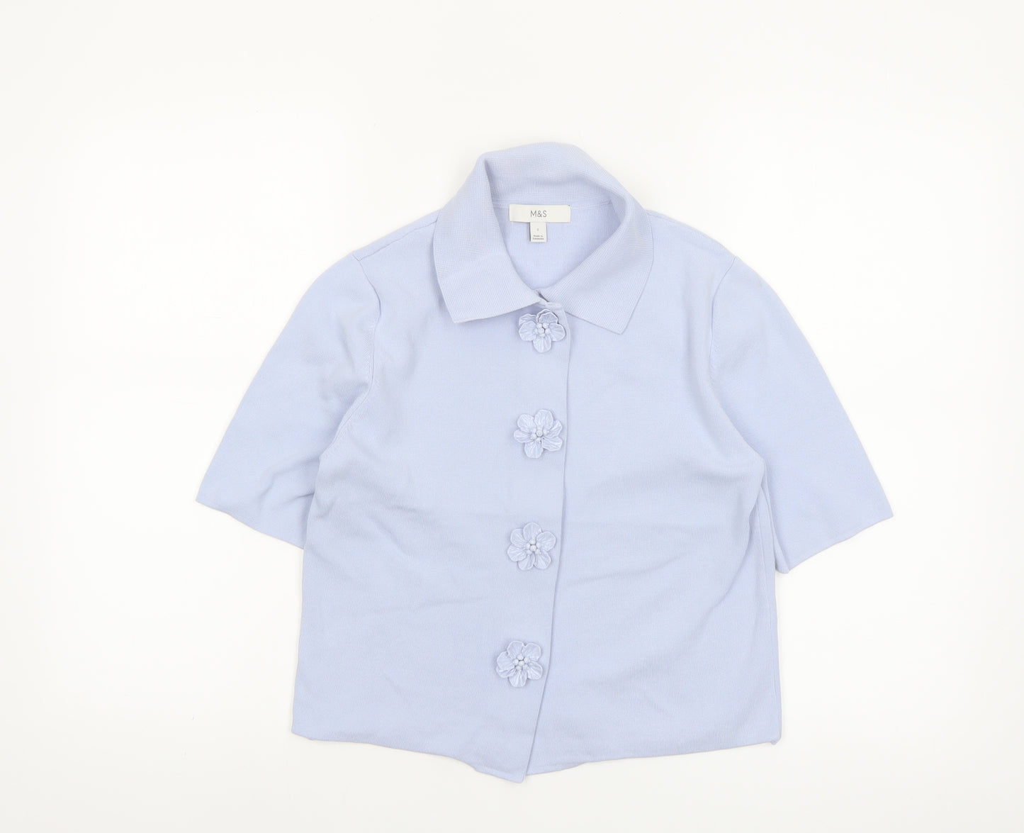 Marks and Spencer Women’s Blue Short Sleeve Button-Up Knit Top S