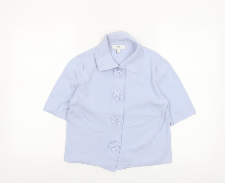 Marks and Spencer Women’s Blue Short Sleeve Button-Up Knit Top S