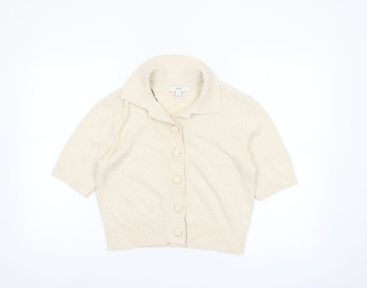Marks and Spencer Women’s Beige Knit Short Sleeve Collared Button-Up Top Size S
