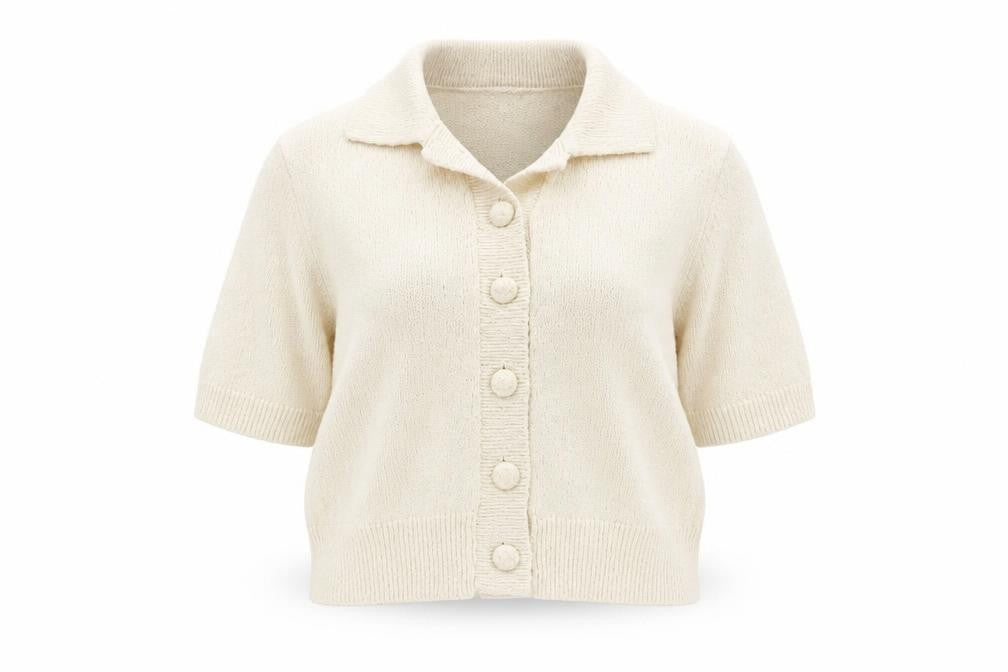 Marks and Spencer Women’s Beige Knit Short Sleeve Collared Button-Up Top Size S