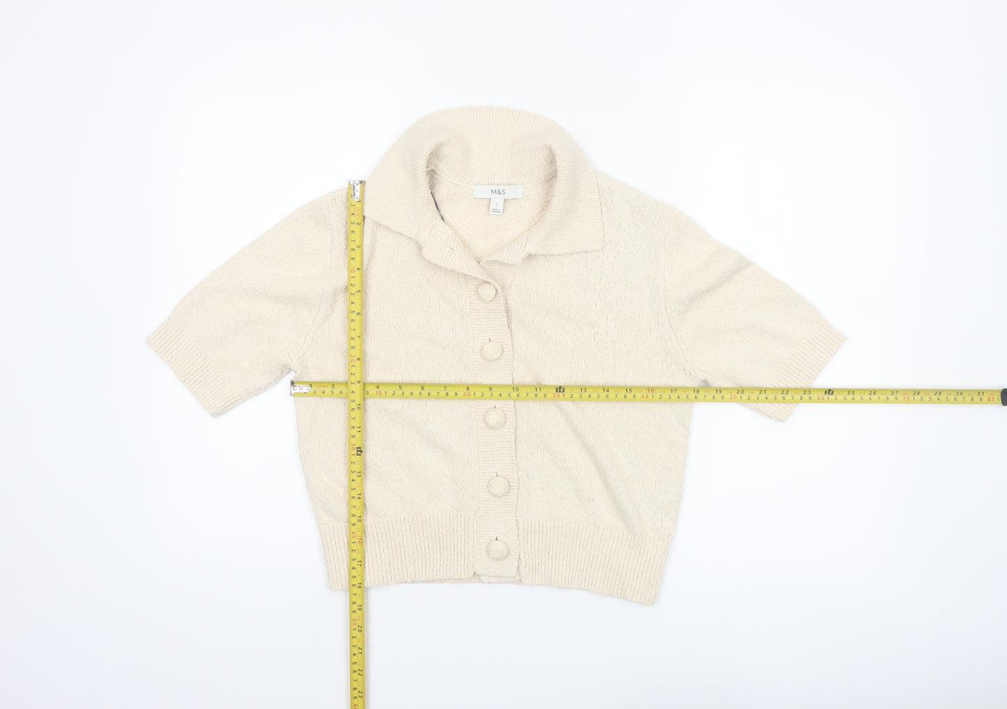 Marks and Spencer Women’s Beige Knit Short Sleeve Collared Button-Up Top Size S