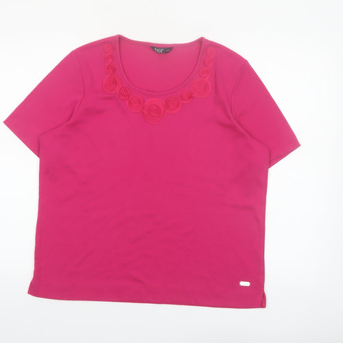 TIGI Womens Pink Short Sleeve Embroidered Round Neck T-Shirt Size 18/20