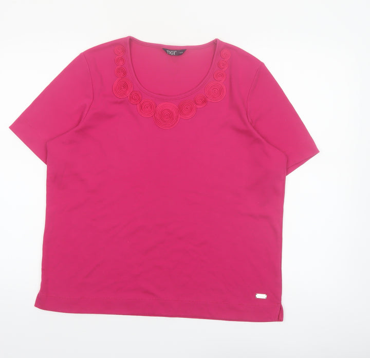 TIGI Womens Pink Short Sleeve Embroidered Round Neck T-Shirt Size 18/20