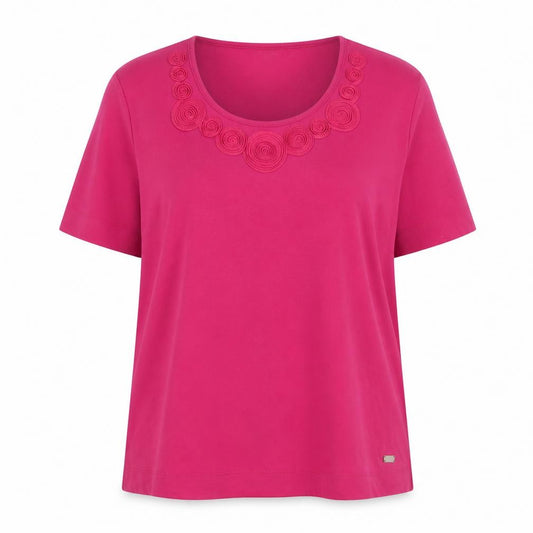 Front view of TIGI women’s pink short sleeve embroidered round neck t-shirt, size UK 18/20