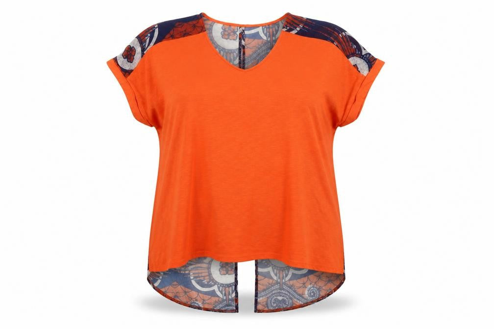 Next Women Orange Geometric Tunic Blouse Size 22 V-Neck Short Sleeve