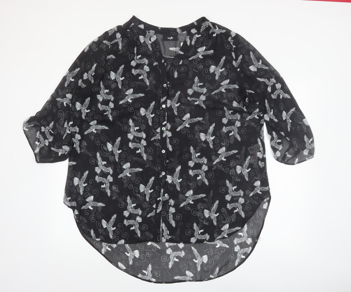 Wallis Women’s Black Bird Print Chiffon Tunic Blouse XL