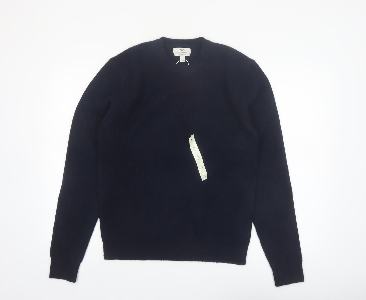 Marks and Spencer Men's Blue Wool Blend Crew Neck Jumper Size S