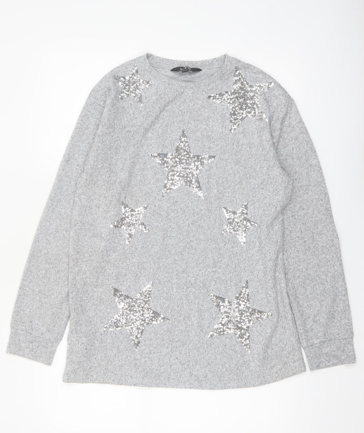 LTS Women's Grey Sequin Star Long Sleeve Tall Jersey Top UK 12
