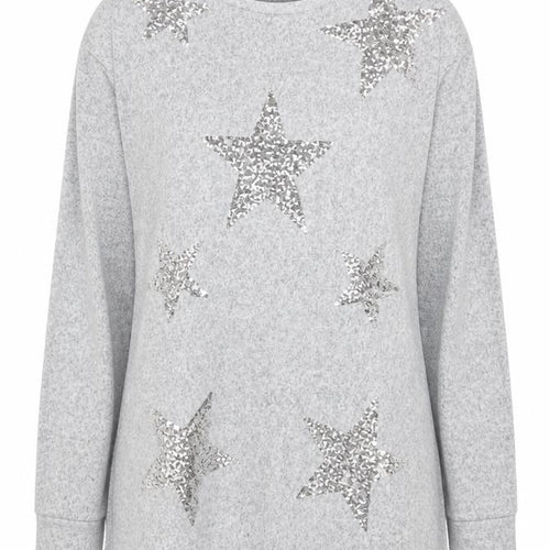 LTS Women's Grey Sequin Star Long Sleeve Tall Jersey Top UK 12