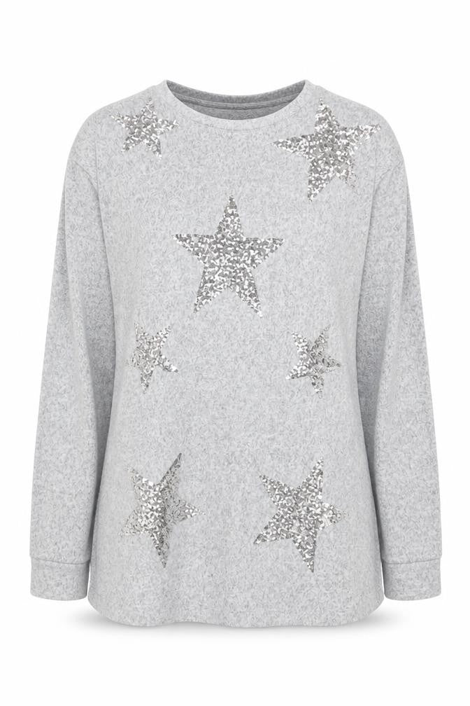 LTS Women's Grey Sequin Star Long Sleeve Tall Jersey Top UK 12