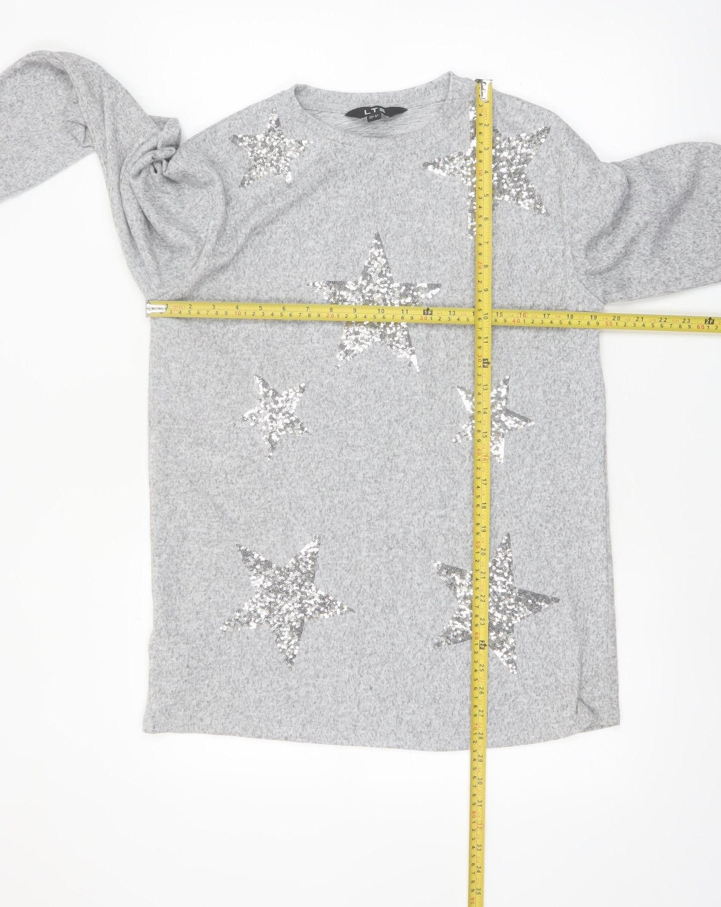 LTS Women's Grey Sequin Star Long Sleeve Tall Jersey Top UK 12